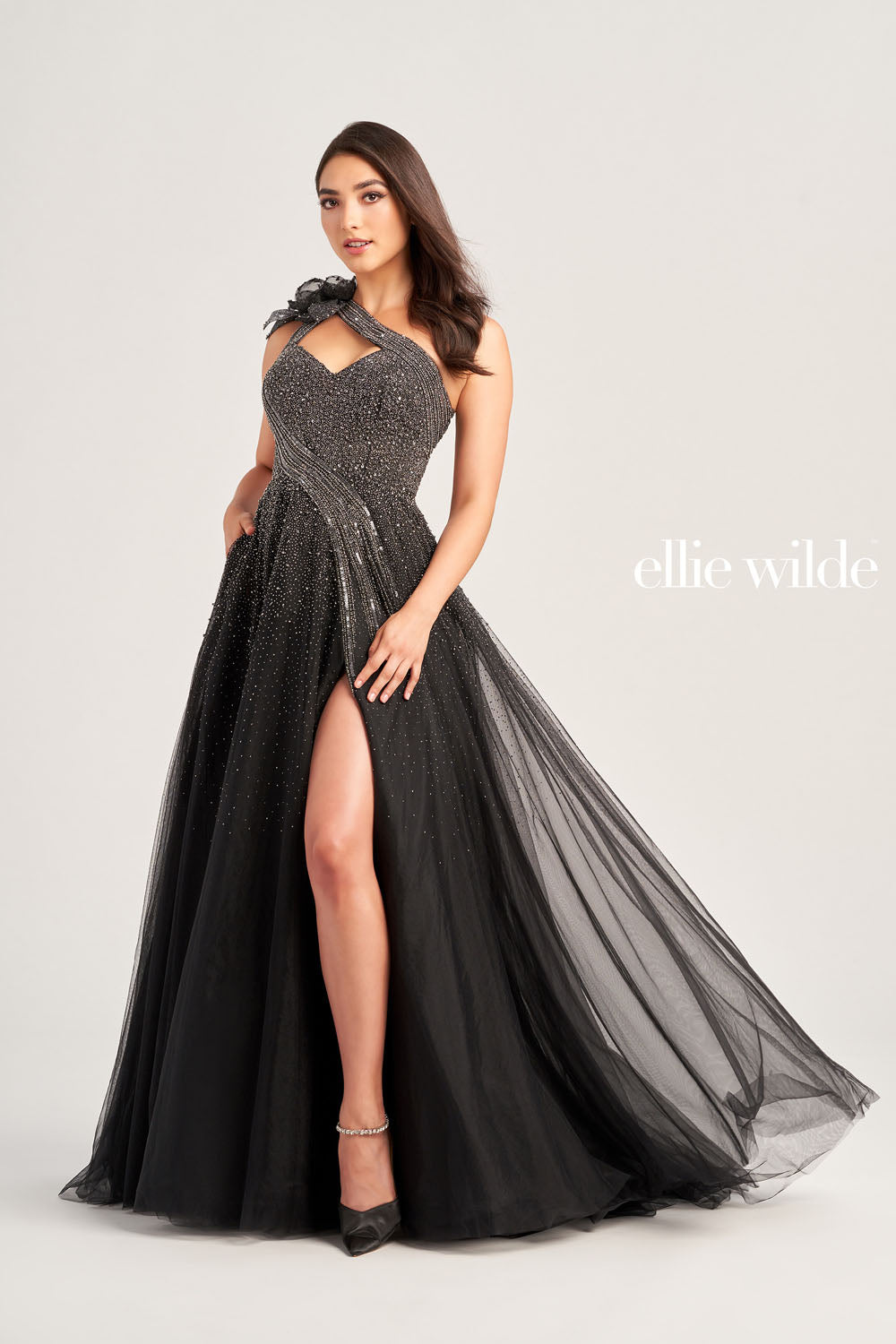 Ellie Wilde EW35086 prom dress images.  Ellie Wilde EW35086 is available in these colors: Misty Blue, Black Gunmetal.