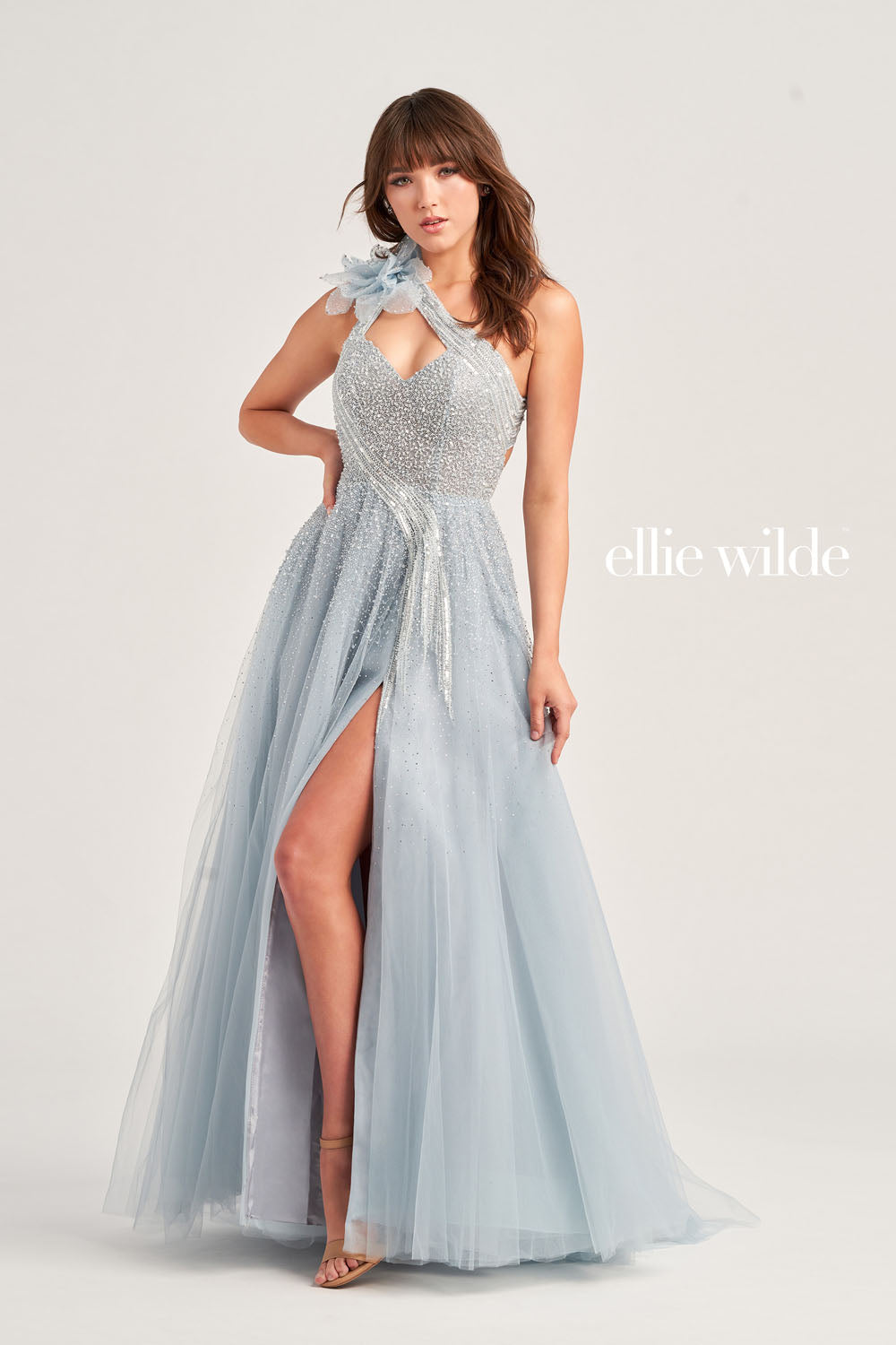 Ellie Wilde EW35086 prom dress images.  Ellie Wilde EW35086 is available in these colors: Misty Blue, Black Gunmetal.