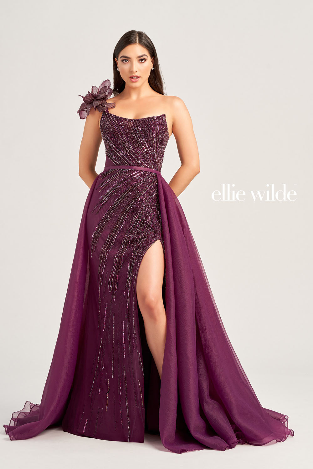 Ellie Wilde EW35087 prom dress images.  Ellie Wilde EW35087 is available in these colors: Tan, Aubergine.