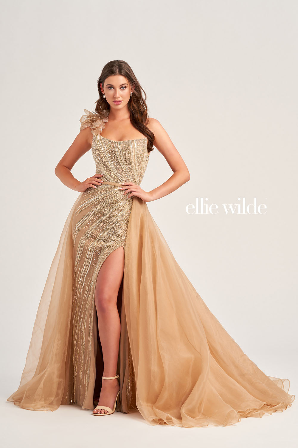 Ellie Wilde EW35087 prom dress images.  Ellie Wilde EW35087 is available in these colors: Tan, Aubergine.