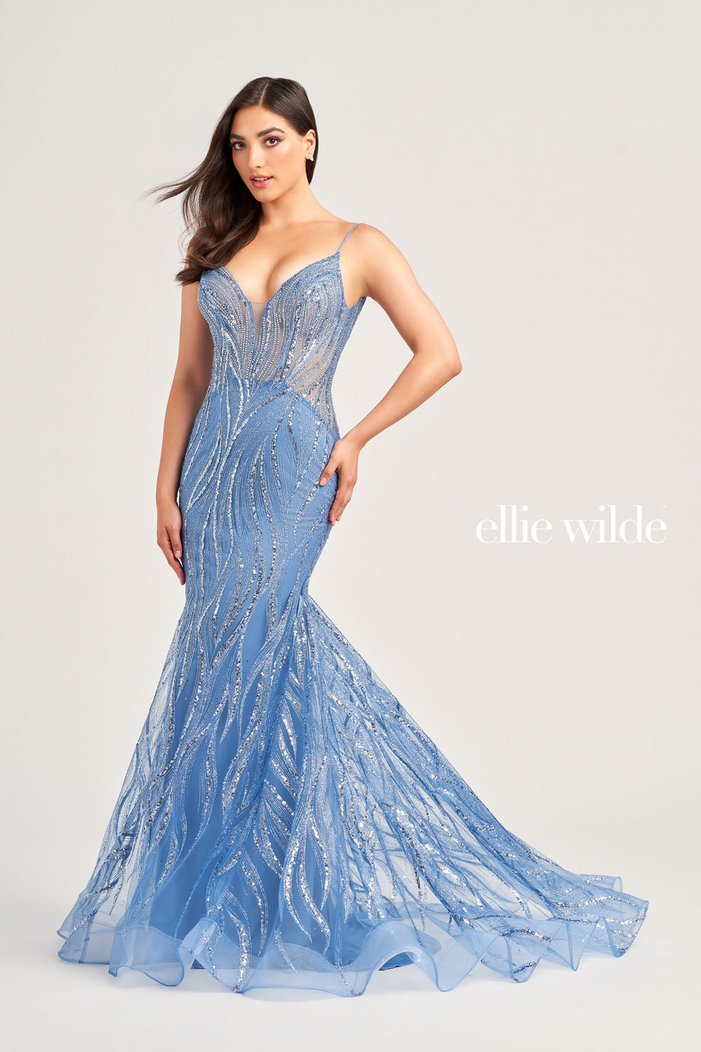 Ellie Wilde EW35098 prom dress images.  Ellie Wilde EW35098 is available in these colors: Steel Blue, Gray Gold.