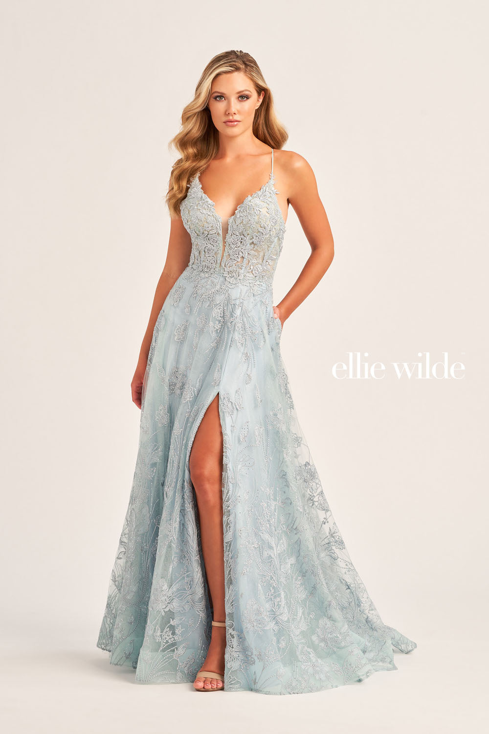 Ellie Wilde EW35103 prom dress images.  Ellie Wilde EW35103 is available in these colors: Emerald, Sea Mist, Magenta, Strawberry.