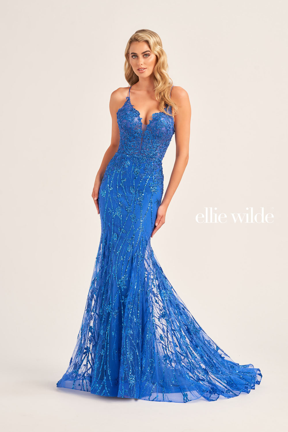 Ellie Wilde EW35104 prom dress images.  Ellie Wilde EW35104 is available in these colors: Sea Glass, Royal Blue, Orange, Lilac, Emerald.