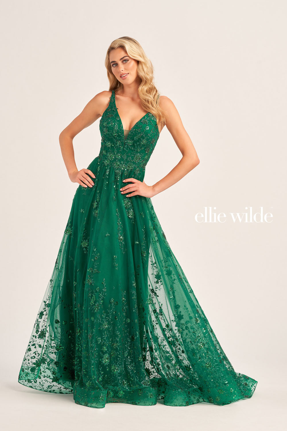 Ellie Wilde EW35105 prom dress images.  Ellie Wilde EW35105 is available in these colors: Sea Glass, Royal Blue, Orange, Lilac, Emerald, Magenta, Strawbery.