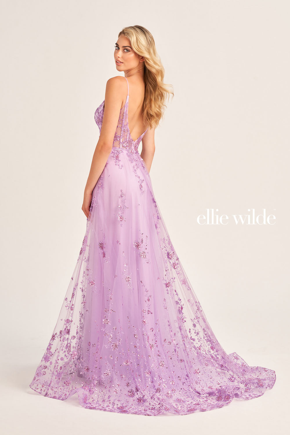 Ellie Wilde EW35105 prom dress images.  Ellie Wilde EW35105 is available in these colors: Sea Glass, Royal Blue, Orange, Lilac, Emerald, Magenta, Strawbery.