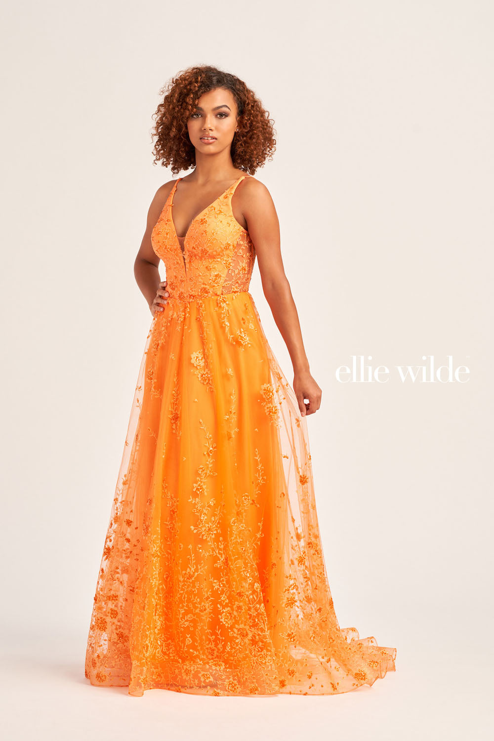 Ellie Wilde EW35105 prom dress images.  Ellie Wilde EW35105 is available in these colors: Sea Glass, Royal Blue, Orange, Lilac, Emerald, Magenta, Strawbery.