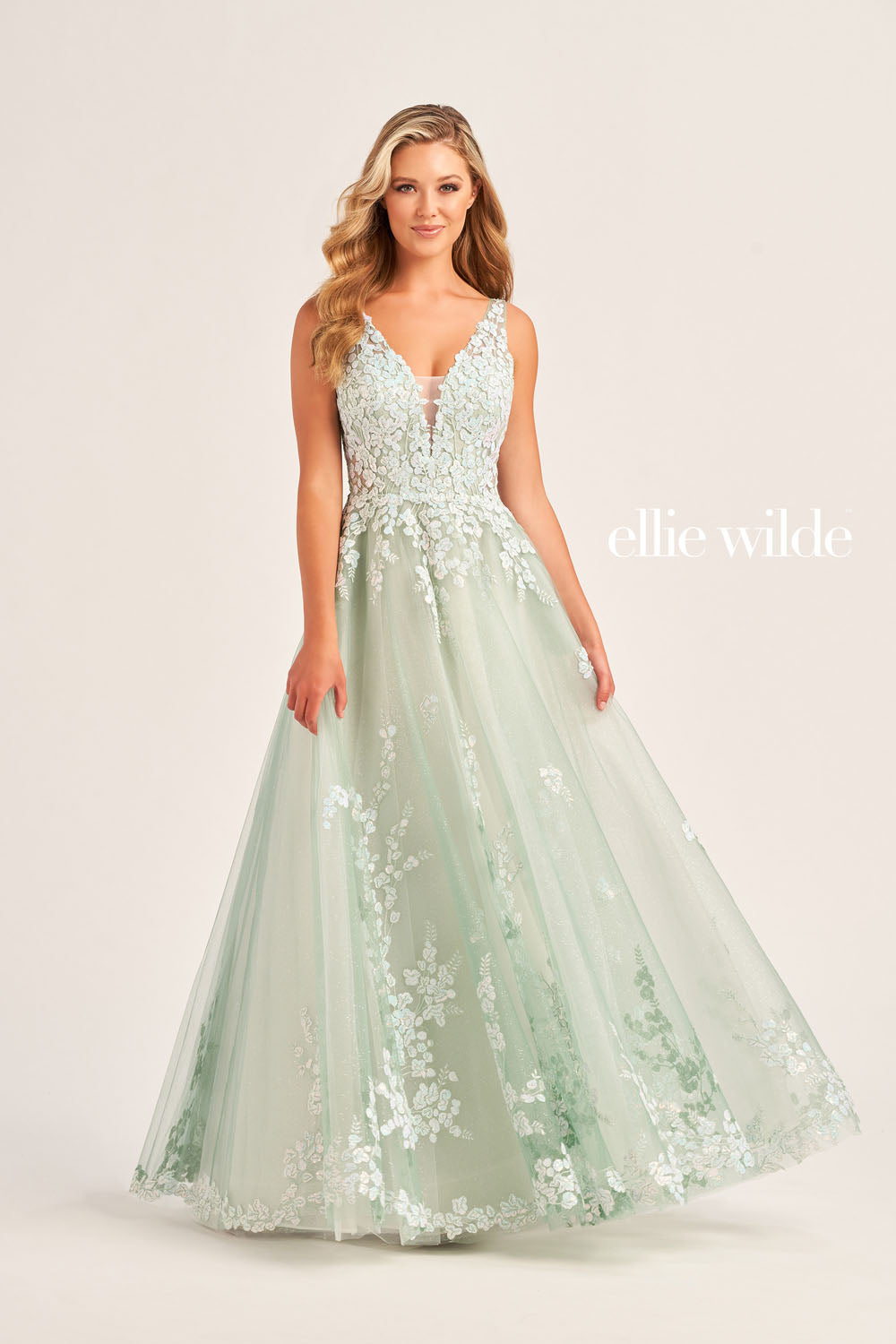 Ellie Wilde EW35106 prom dress images.  Ellie Wilde EW35106 is available in these colors: Frost Blue, Whispering Green.