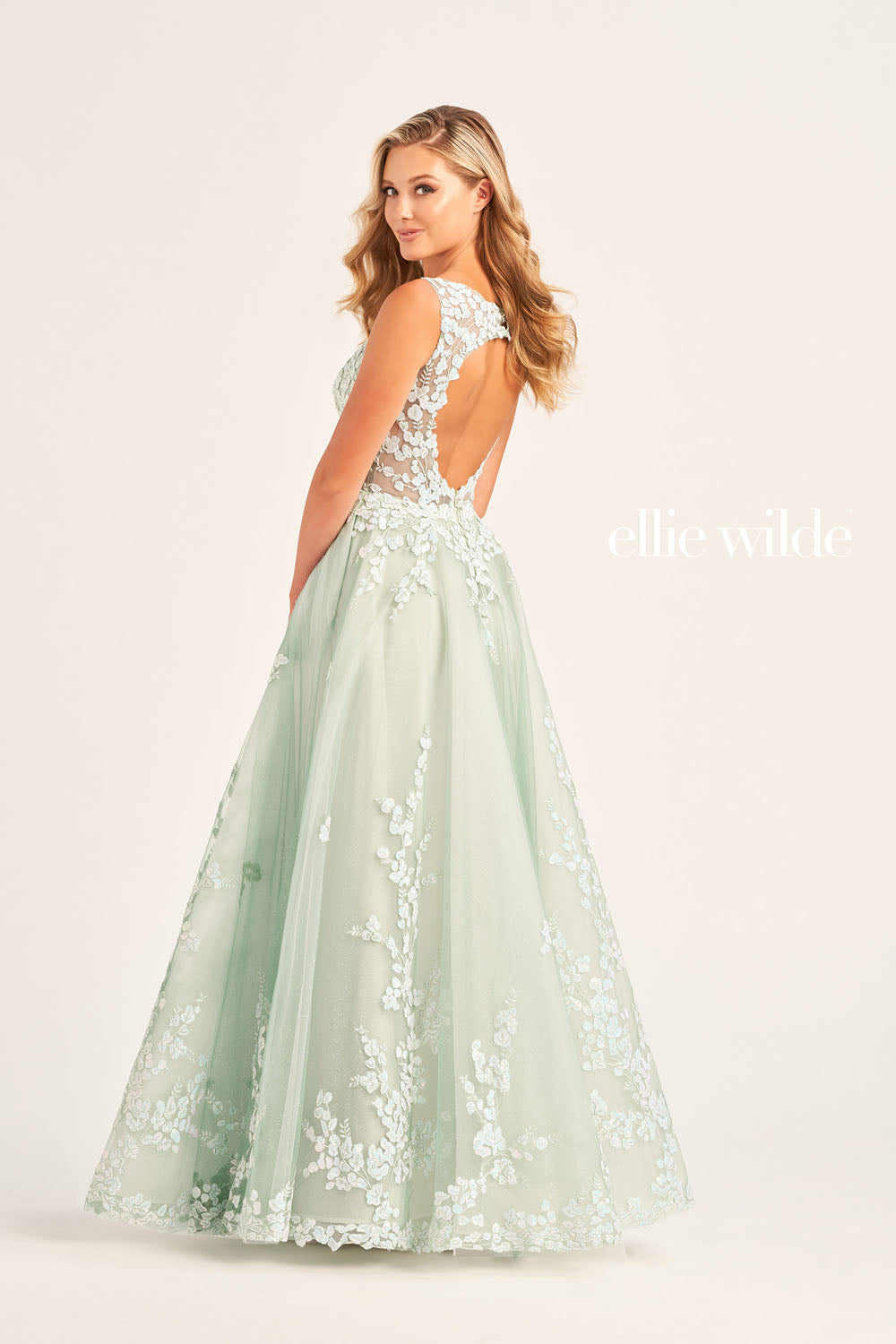 Ellie Wilde EW35106 prom dress images.  Ellie Wilde EW35106 is available in these colors: Frost Blue, Whispering Green.