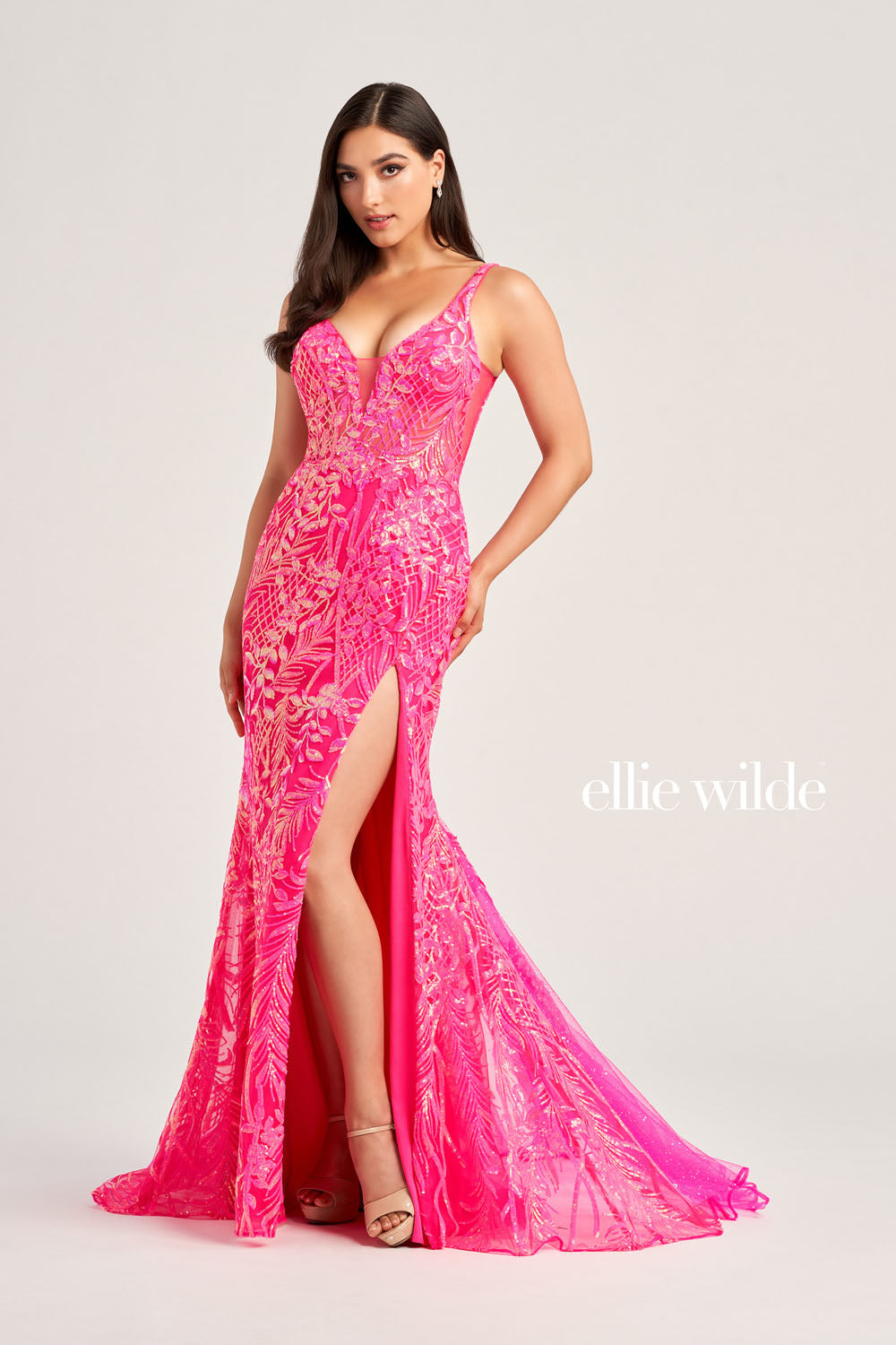 Ellie Wilde EW35201 prom dress images.  Ellie Wilde EW35201 is available in these colors: Hot Pink, Light Blue, Purple Rain, Orange, Ocean Blue.