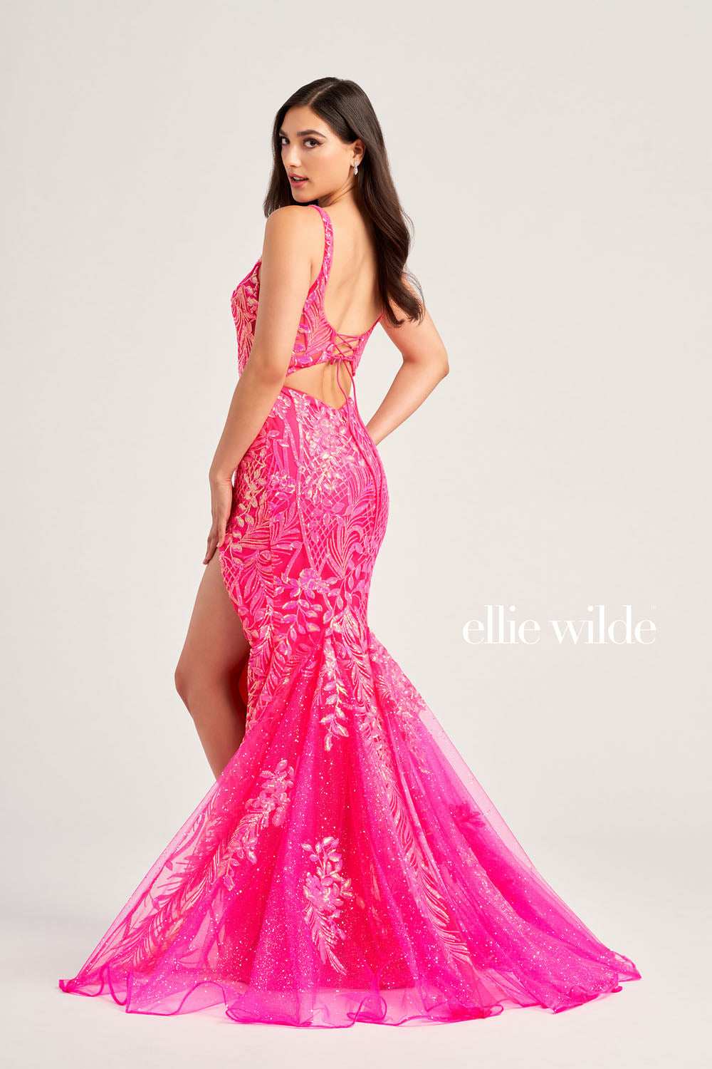 Ellie Wilde EW35201 prom dress images.  Ellie Wilde EW35201 is available in these colors: Hot Pink, Light Blue, Purple Rain, Orange, Ocean Blue.