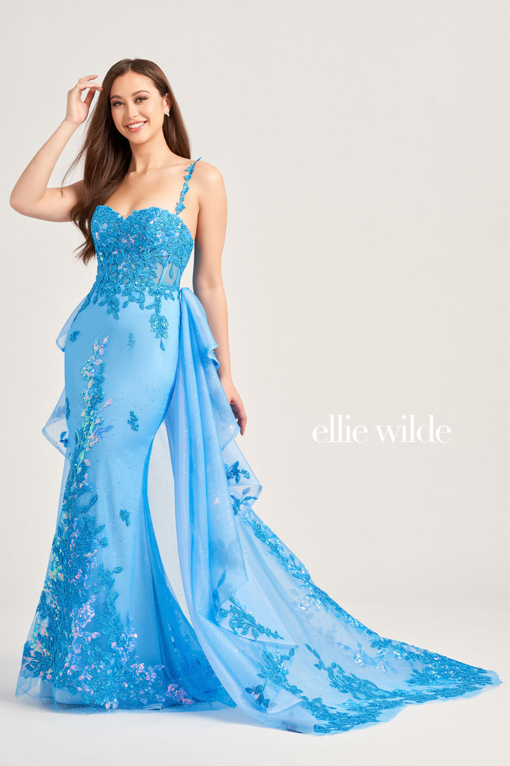 Ellie Wilde EW35207 prom dress images.  Ellie Wilde EW35207 is available in these colors: Sage, Ocean Blue.