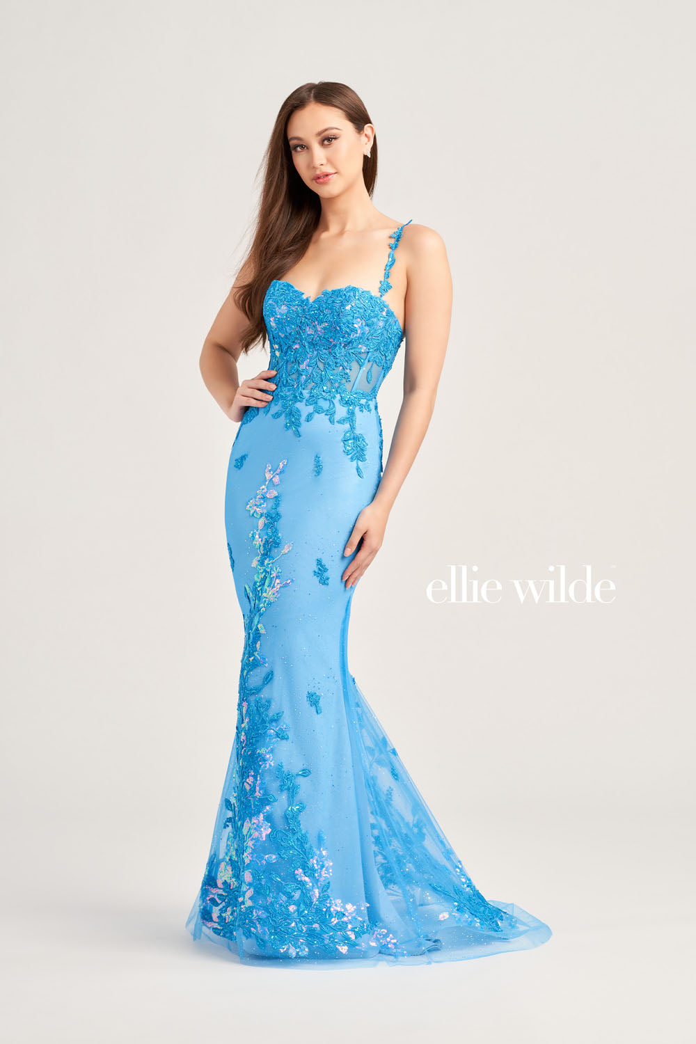 Ellie Wilde EW35207 prom dress images.  Ellie Wilde EW35207 is available in these colors: Sage, Ocean Blue.