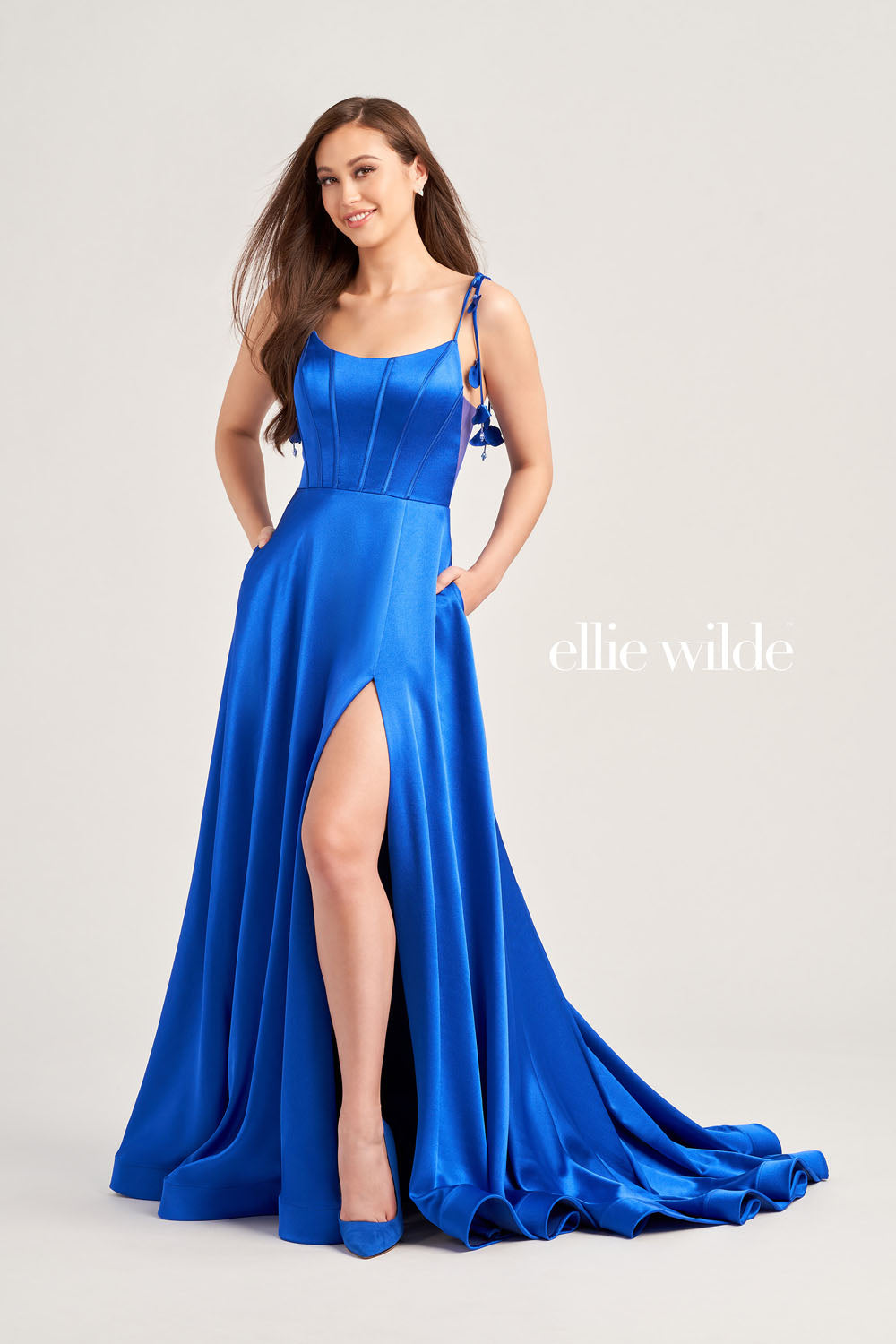 Ellie Wilde EW35215 prom dress images.  Ellie Wilde EW35215 is available in these colors: Olive, Royal Blue, Hot Pink, Misty Blue.