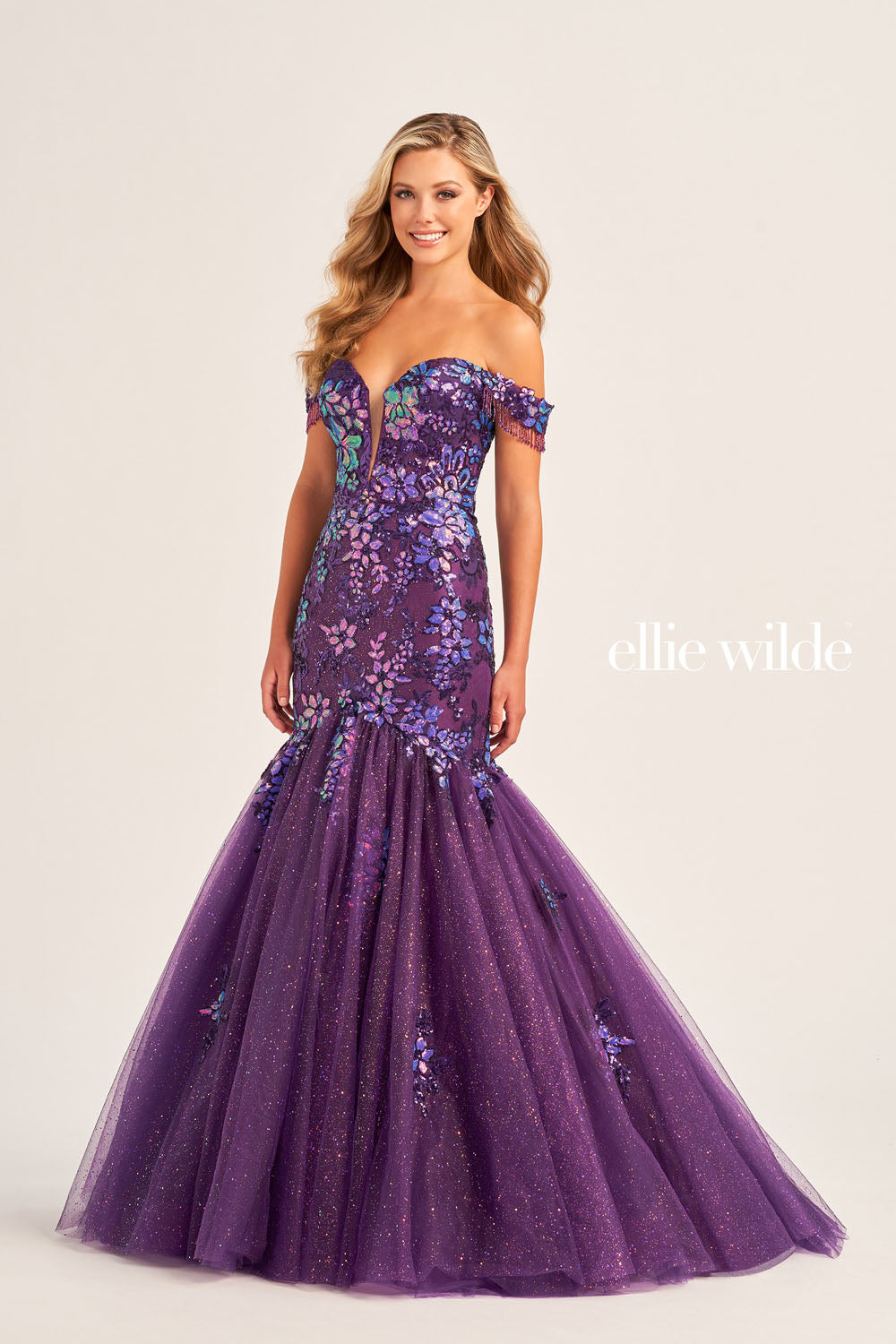 Ellie Wilde EW35219 prom dress images.  Ellie Wilde EW35219 is available in these colors: Lilac, Dark Purple, Ocean Blue.