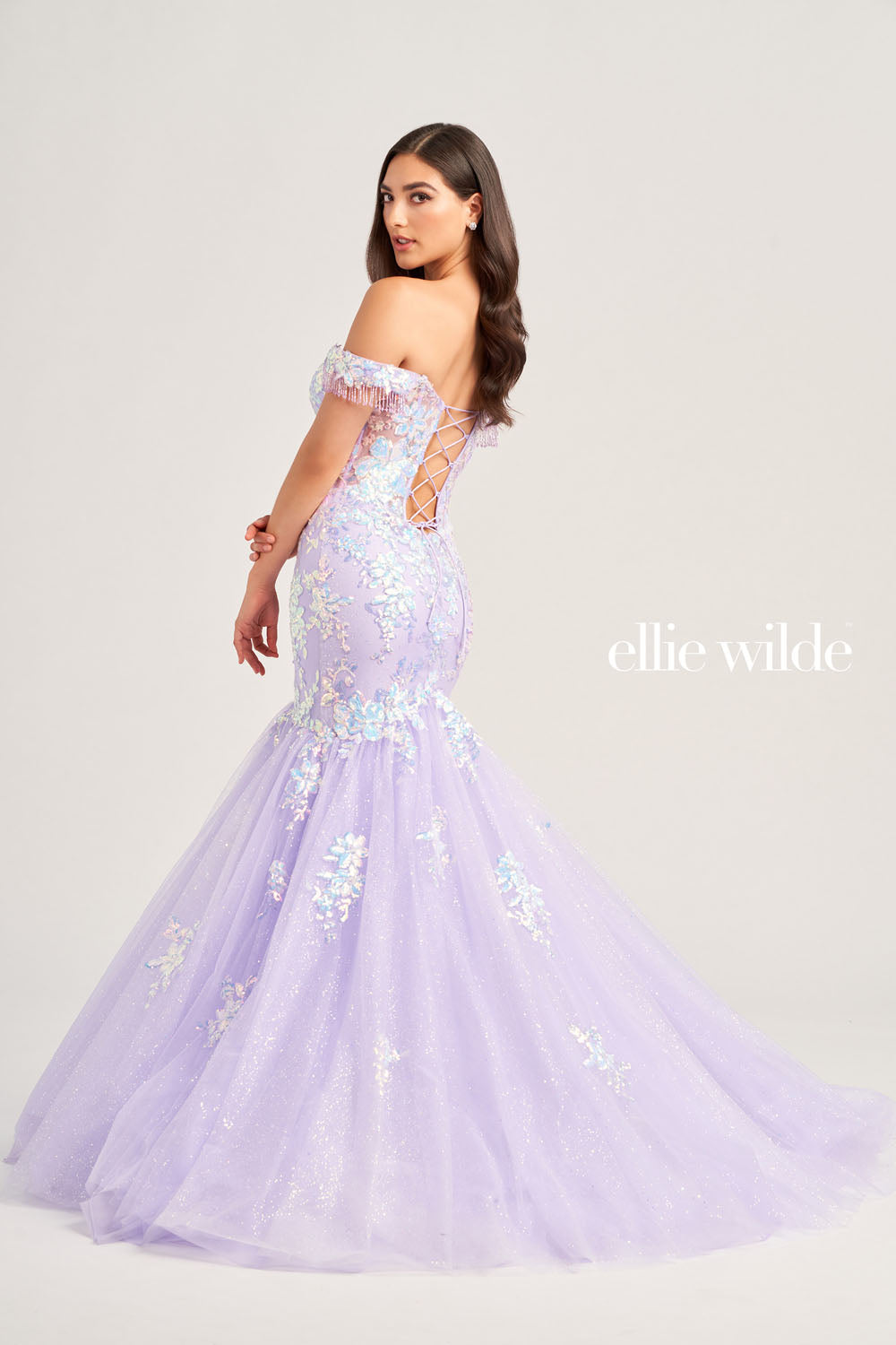 Ellie Wilde EW35219 prom dress images.  Ellie Wilde EW35219 is available in these colors: Lilac, Dark Purple, Ocean Blue.