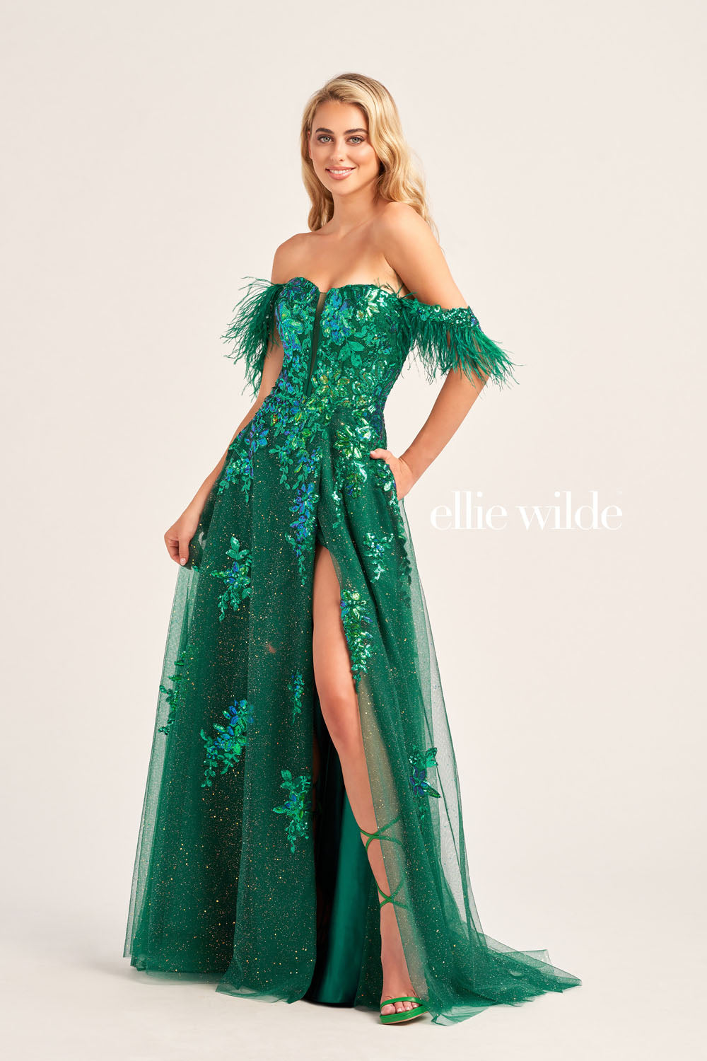 Ellie Wilde EW35220 prom dress images.  Ellie Wilde EW35220 is available in these colors: Cerulean Blue, Hot Pink, Emerald.