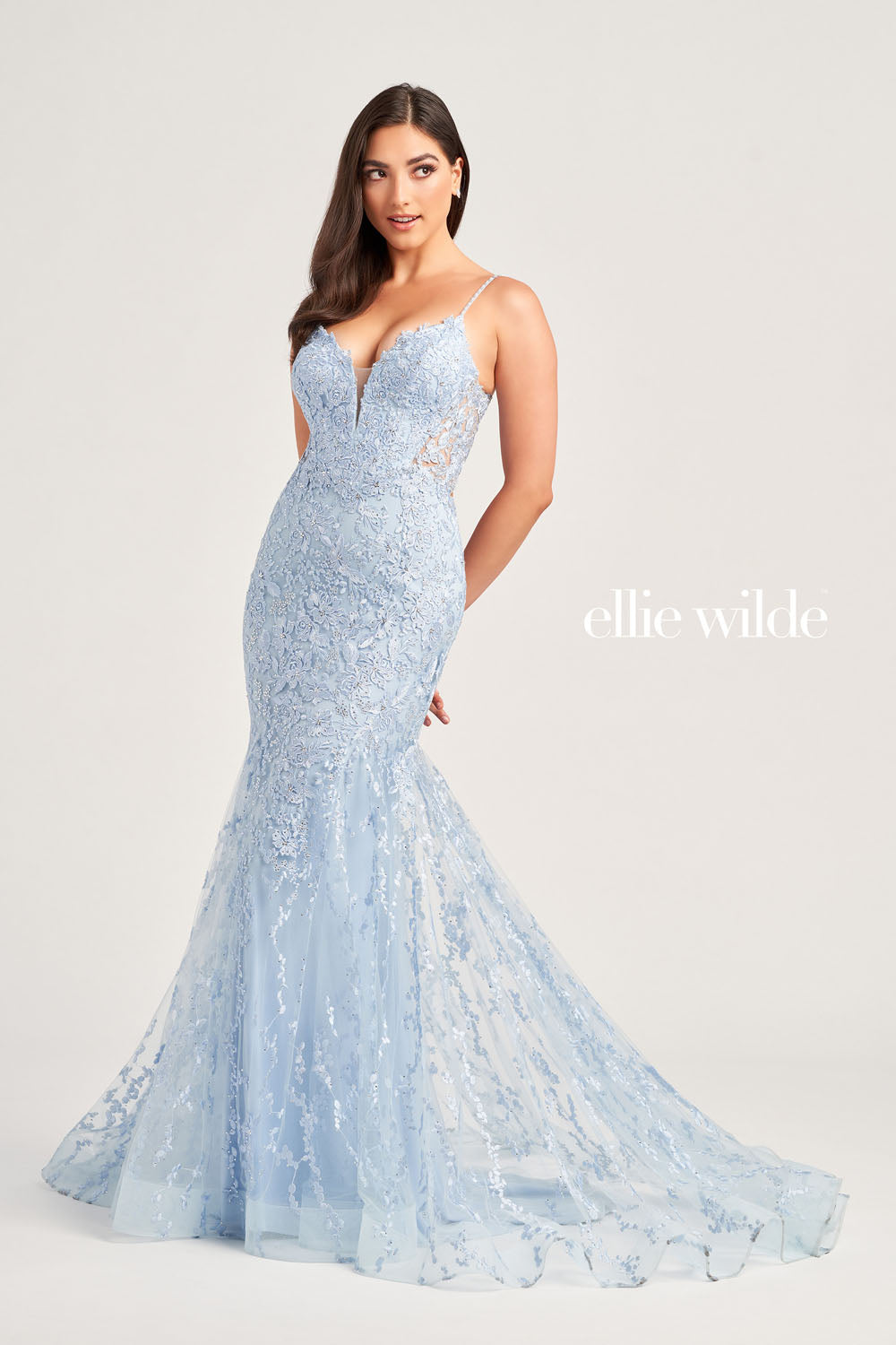 Ellie Wilde EW35221 prom dress images.  Ellie Wilde EW35221 is available in these colors: Light Blue, Strawberry, Magenta, Emerald, Sage.