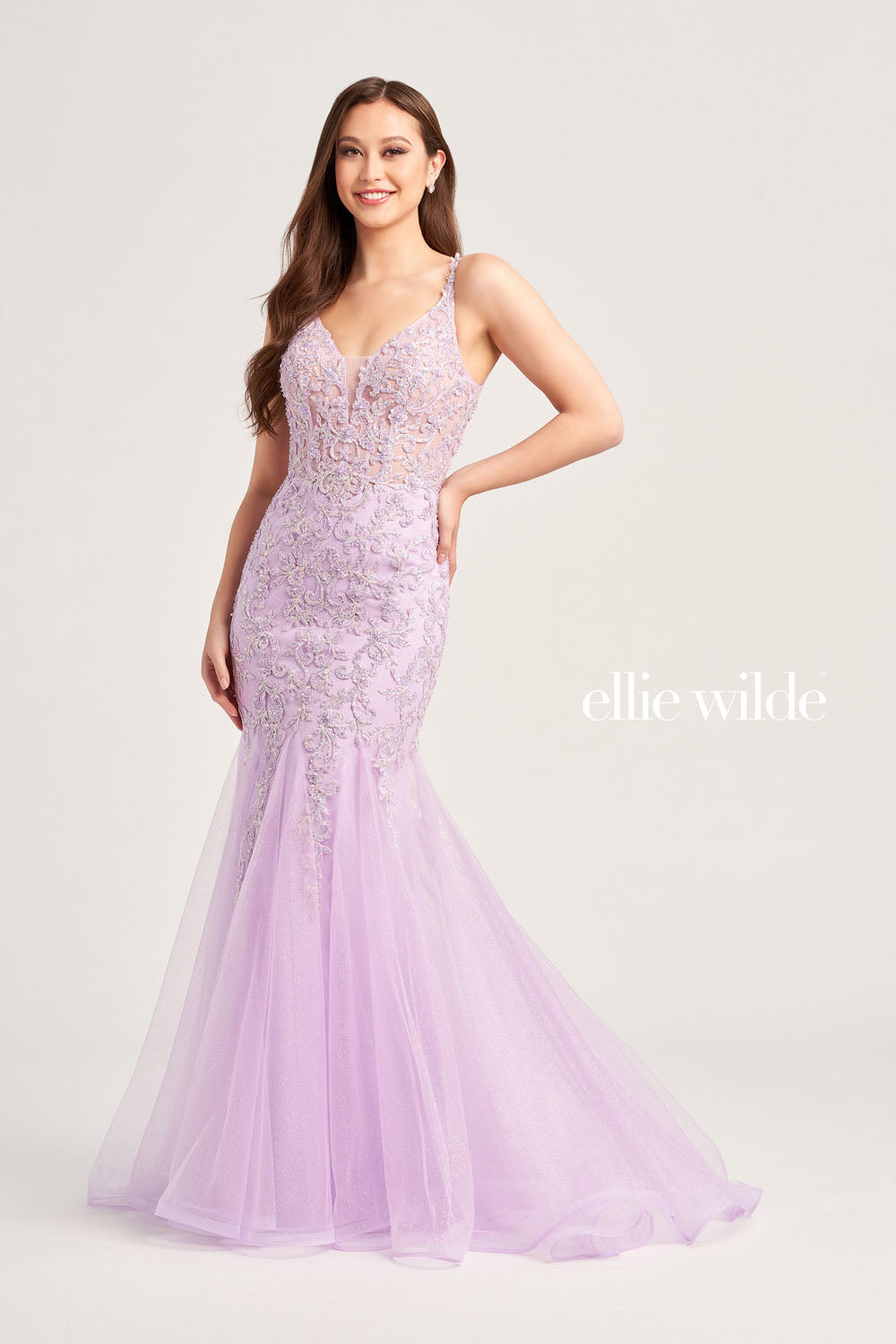 Ellie Wilde EW35227 prom dress images.  Ellie Wilde EW35227 is available in these colors: Bluebell, Black, Lilac, Dusty Rose.