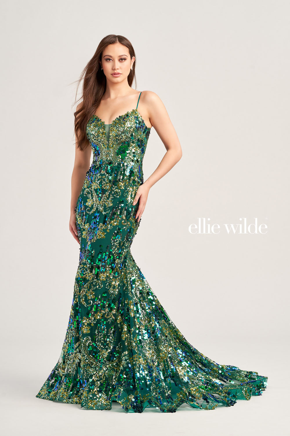 Ellie Wilde EW35228 prom dress images.  Ellie Wilde EW35228 is available in these colors: Bluebell, Emerald Gold.