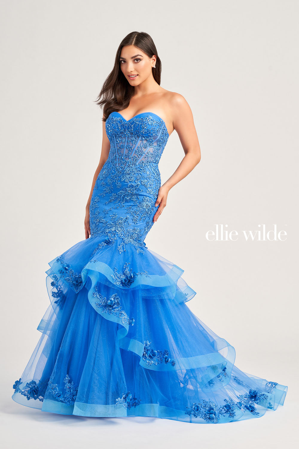 Ellie Wilde EW35239 prom dress images.  Ellie Wilde EW35239 is available in these colors: Ocean Blue, Lilac, Red.