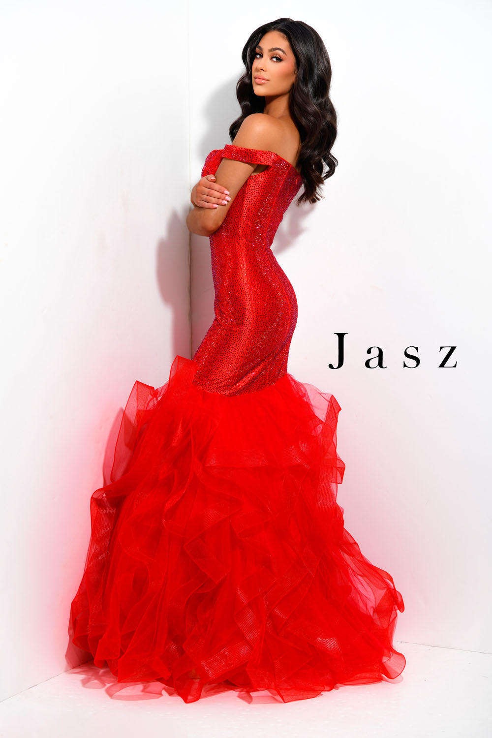 Jasz Couture 7334 prom dress images.  Jasz Couture 7334 is available in these colors: Black Multi,  Red,  White Silver.