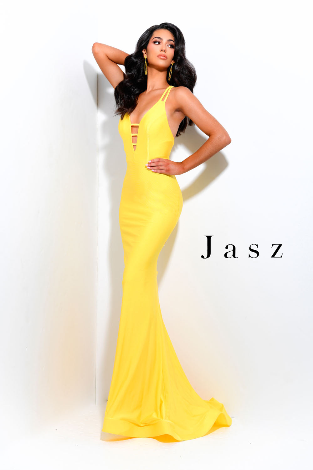 Jasz Couture 7345 prom dress images.  Jasz Couture 7345 is available in these colors: Cobalt,  Fuchsia,  Yellow.