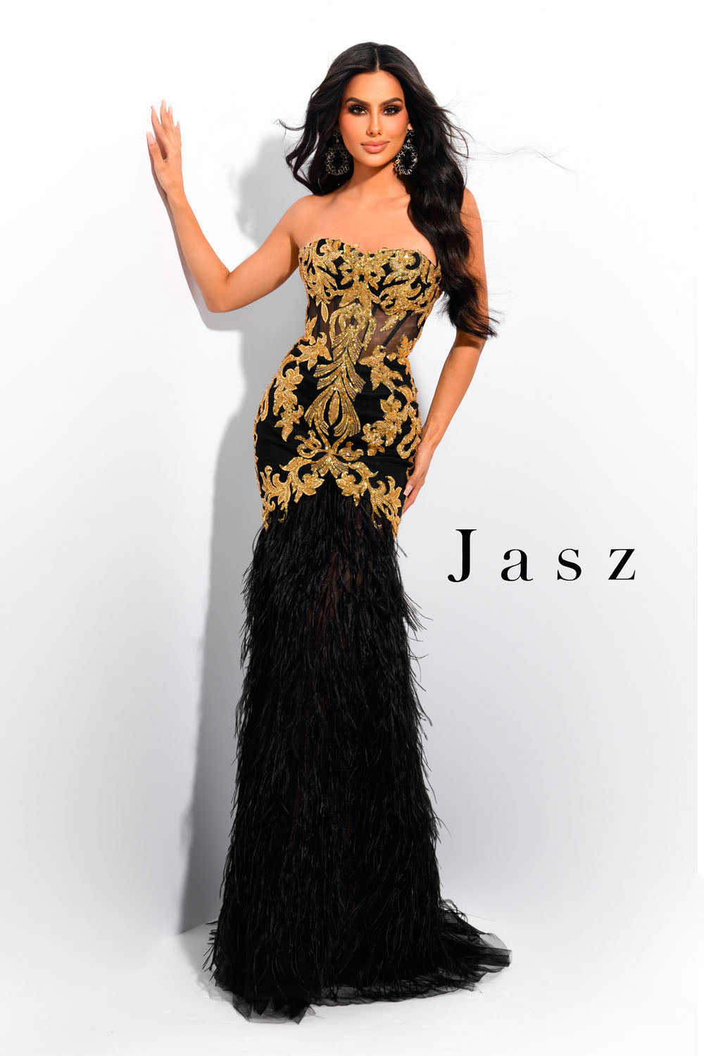 Jasz Couture 7396 prom dress images.  Jasz Couture 7396 is available in these colors: Black Gold,  Nude White.