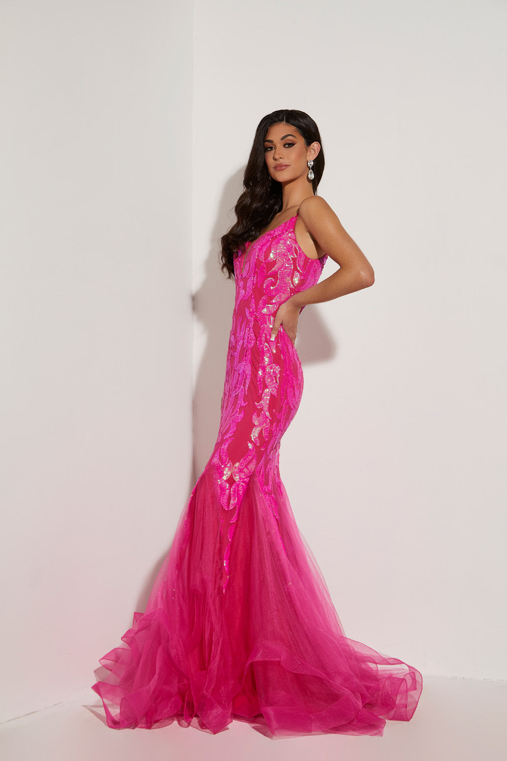 Jasz Couture 7443 prom dress images.  Jasz Couture 7443 is available in these colors: Fuchsia, Ocean Blue, Pink, Orange, Sky Blue, Yellow, Black Silver.