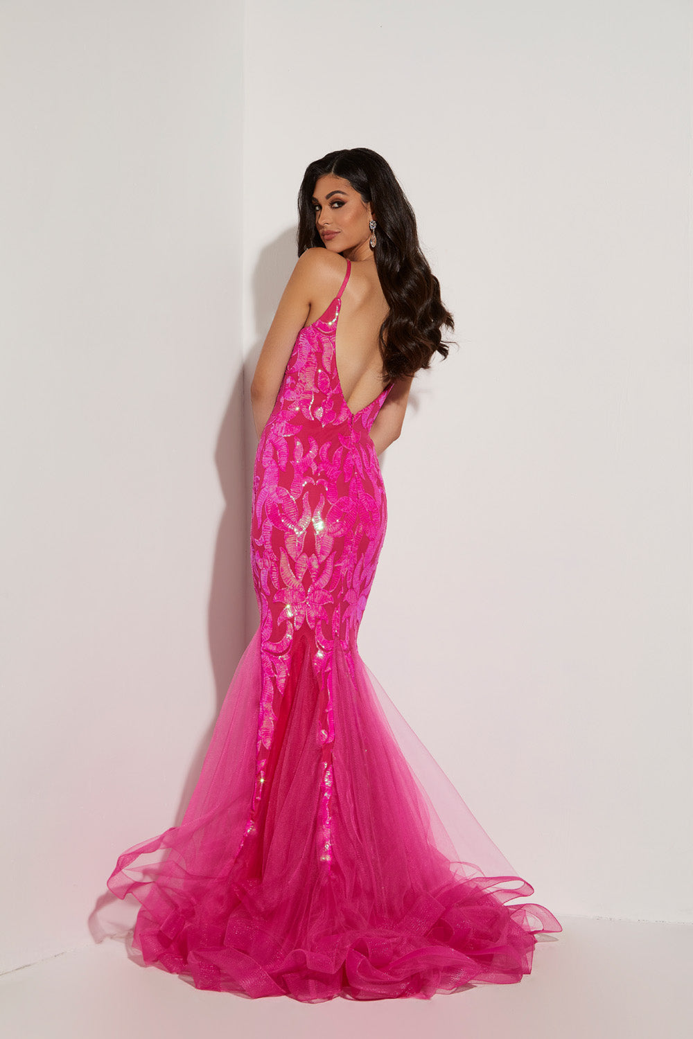 Jasz Couture 7443 prom dress images.  Jasz Couture 7443 is available in these colors: Fuchsia, Ocean Blue, Pink, Orange, Sky Blue, Yellow, Black Silver.