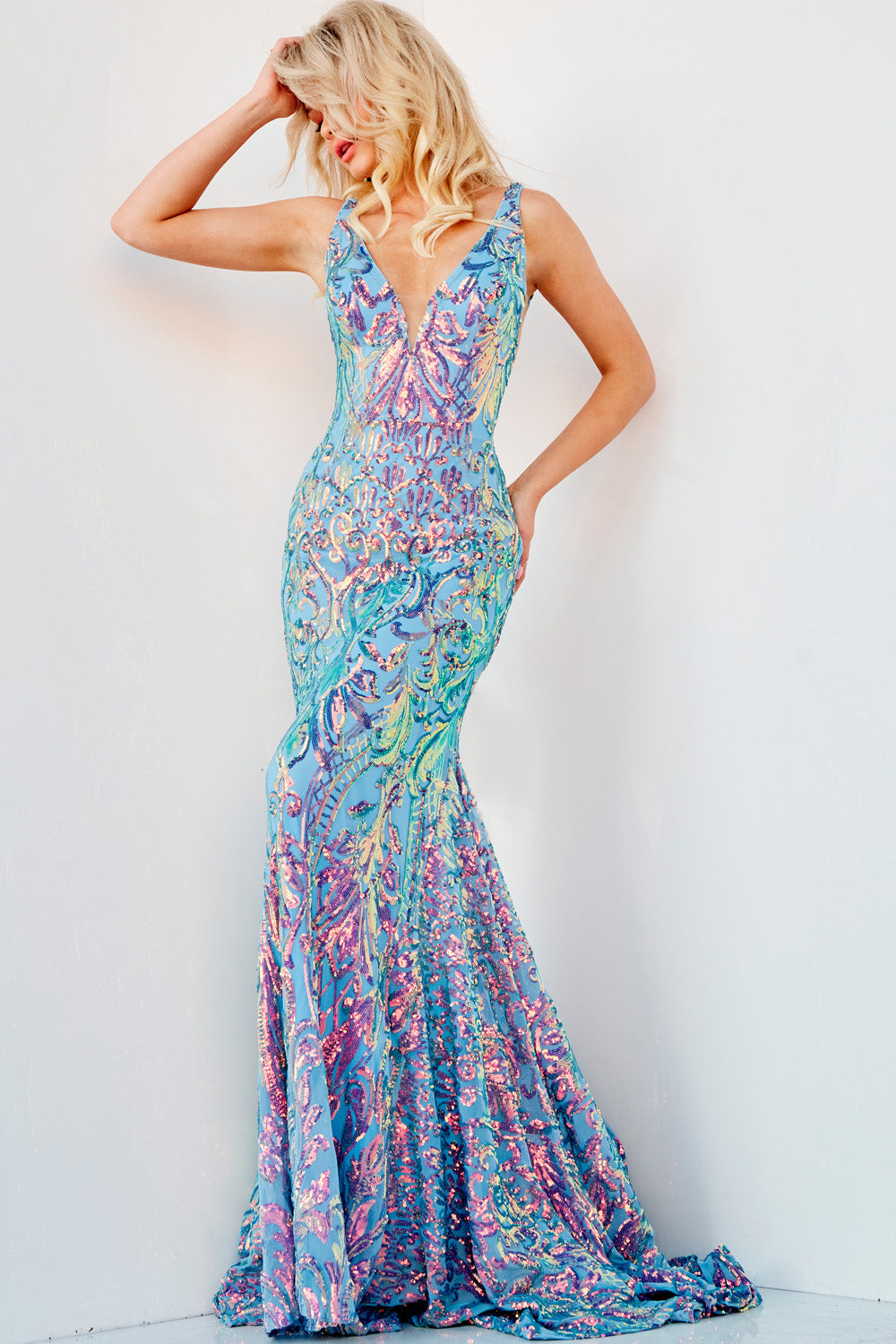 Jovani 08099 Iridescent Blue prom dress images.  Jovani style 08099 is available in these colors: Iridescent Blue,White Multi.