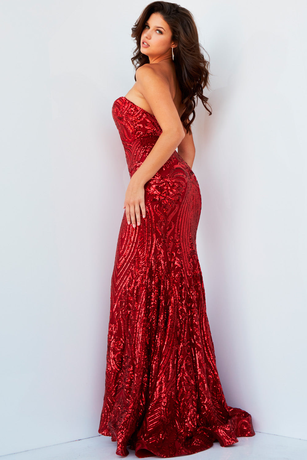 Jovani 09695 Red prom dress images.  Jovani style 09695 is available in these colors: Hot Pink, Ivory, Navy, Red.