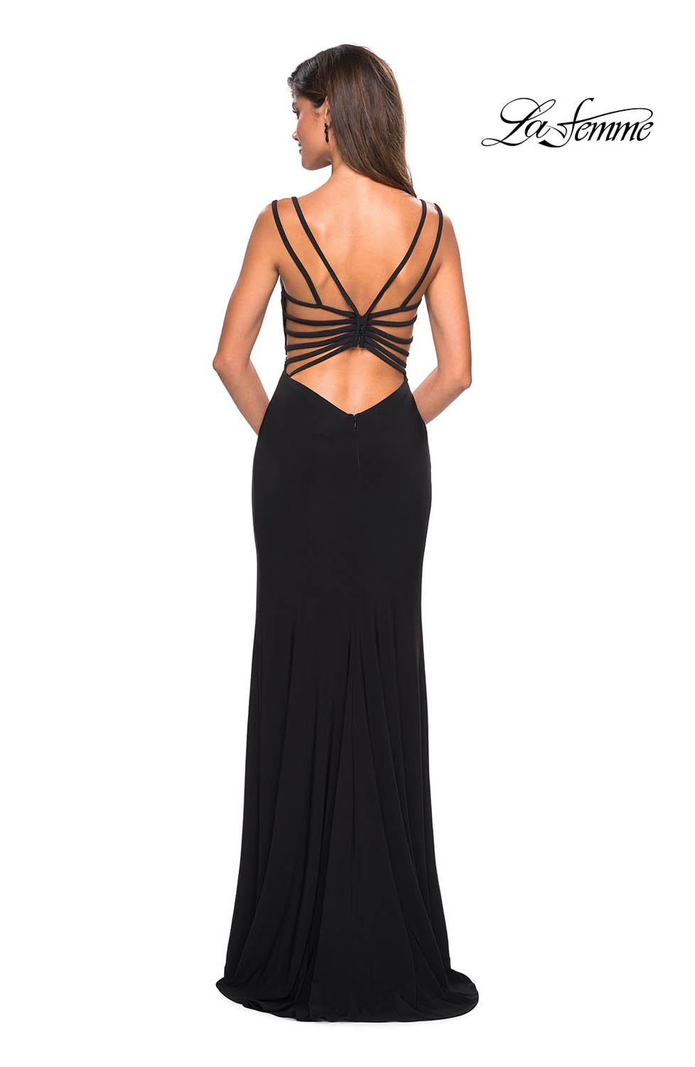 La Femme 27072 prom dress images.  La Femme 27072 is available in these colors: Black, Dark Berry, Royal Blue, White.