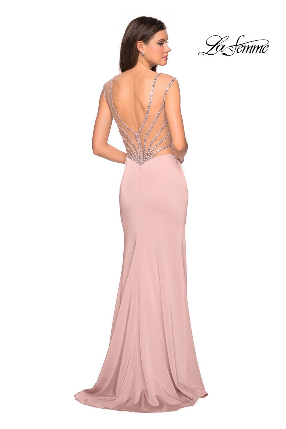 La Femme 27081 prom dress images.  La Femme 27081 is available in these colors: Blush, Cloud Blue, Silver.