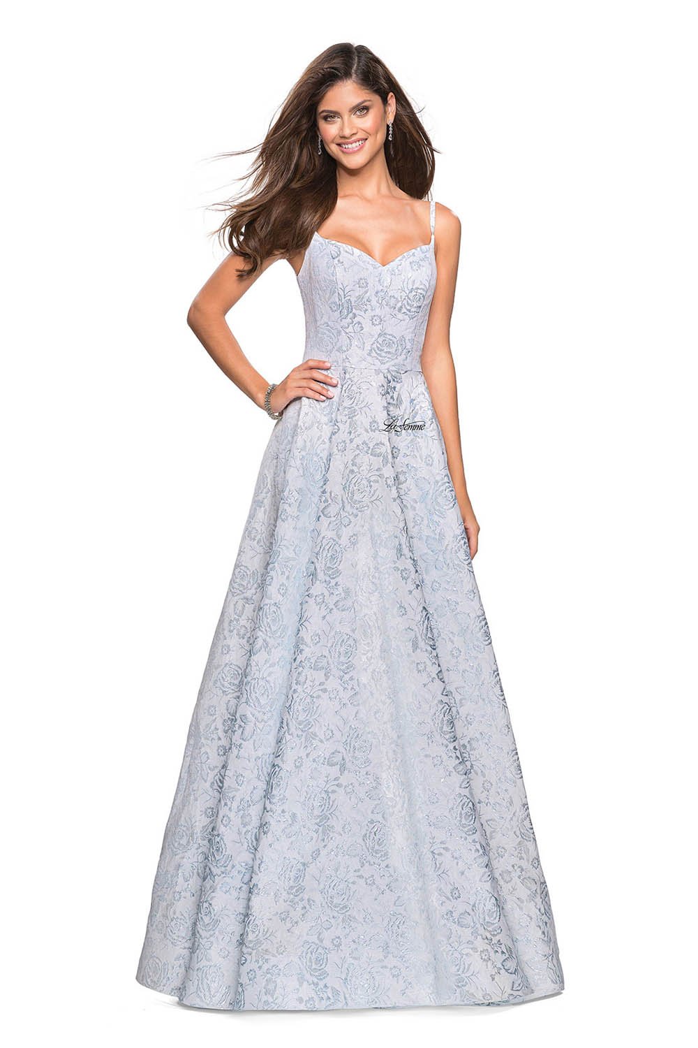 La Femme 27162 prom dress images.  La Femme 27162 is available in these colors: Light Blue, Light Gold.