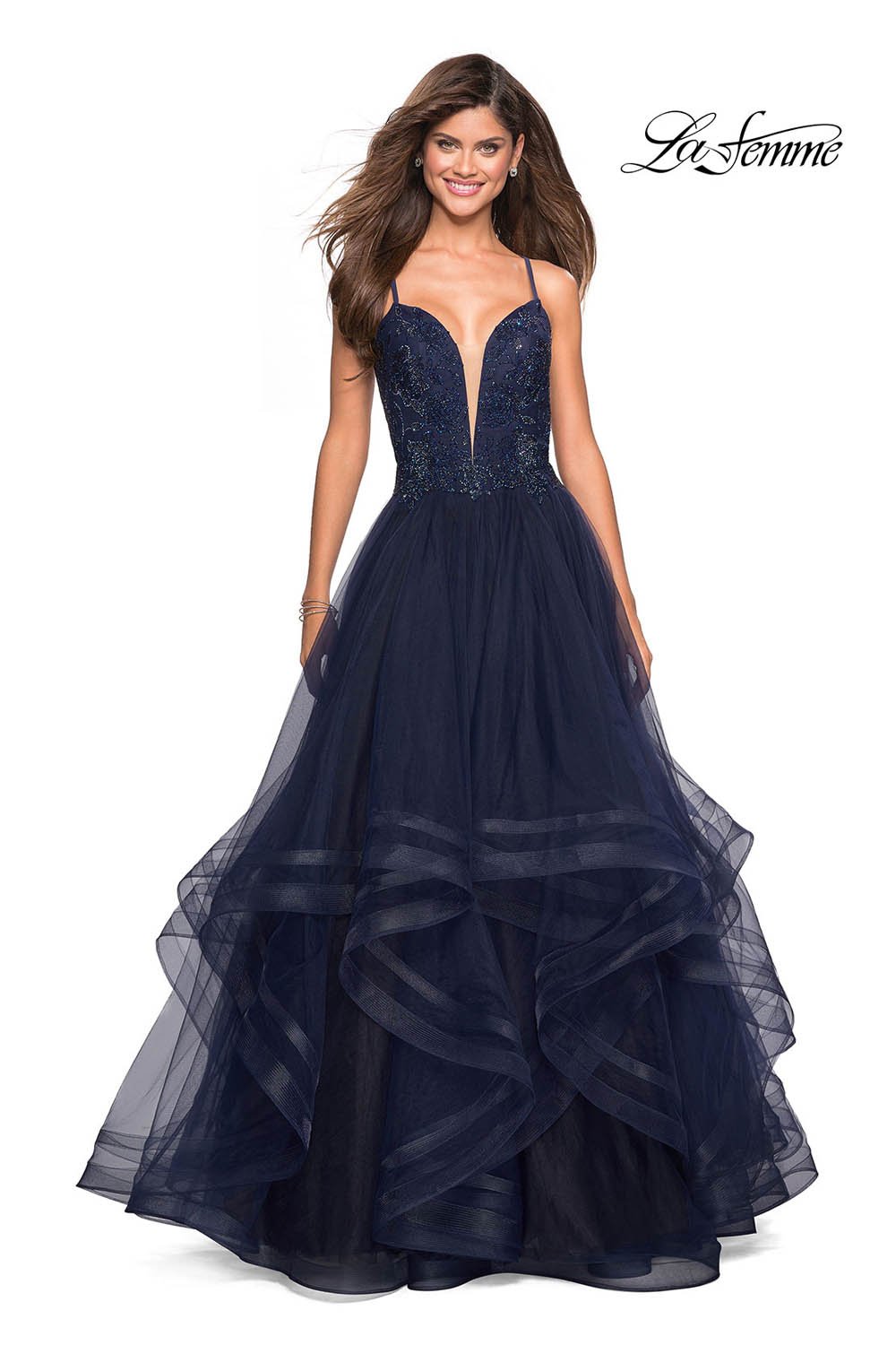 La Femme 27192 prom dress images.  La Femme 27192 is available in these colors: Navy.