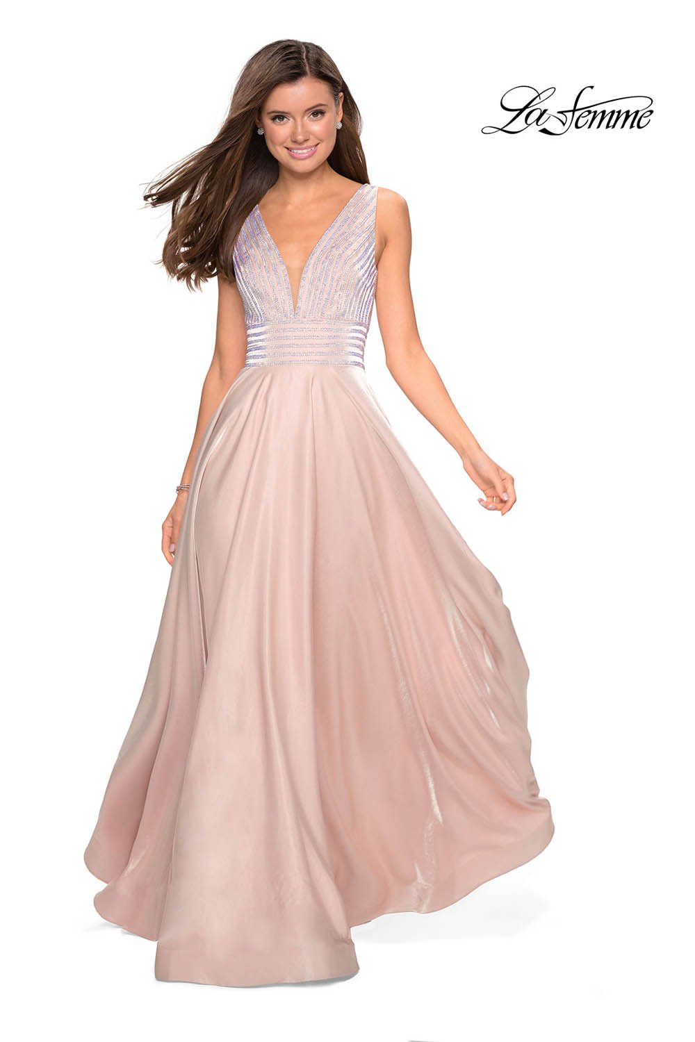 La Femme 27205 prom dress images.  La Femme 27205 is available in these colors: Blush, Burgundy, Navy, Platinum.