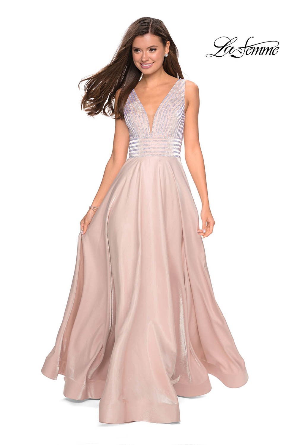 La Femme 27205 prom dress images.  La Femme 27205 is available in these colors: Blush, Burgundy, Navy, Platinum.