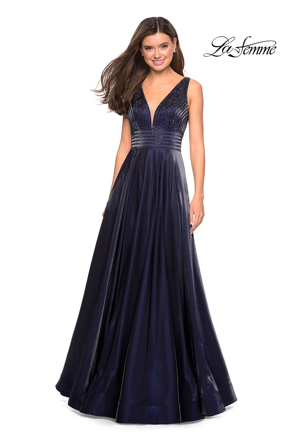 La Femme 27205 prom dress images.  La Femme 27205 is available in these colors: Blush, Burgundy, Navy, Platinum.