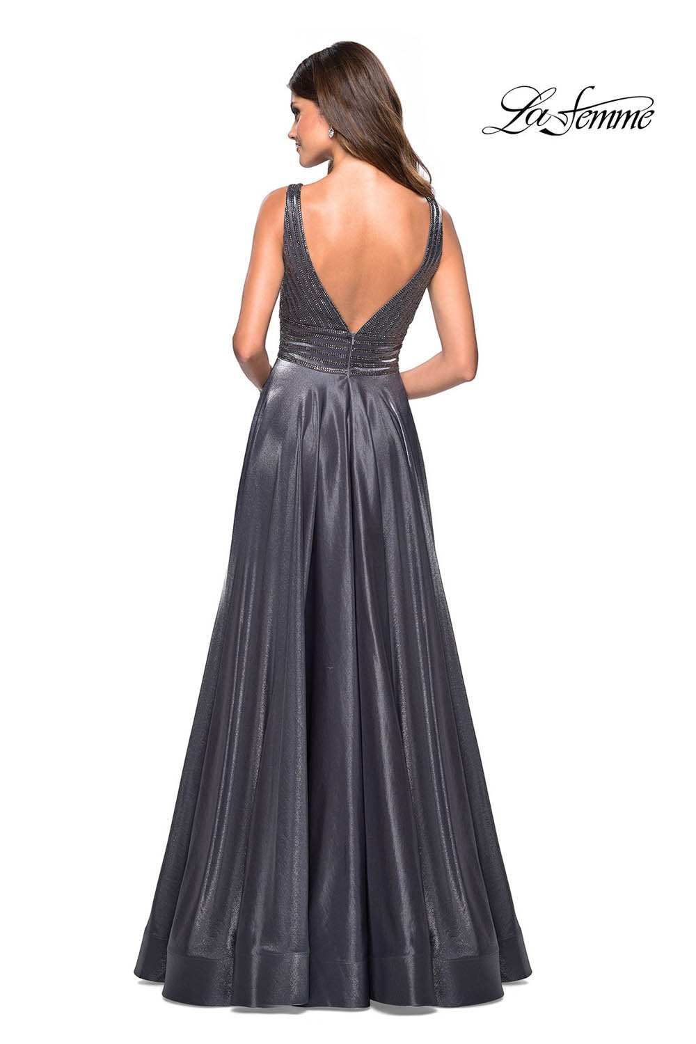 La Femme 27205 prom dress images.  La Femme 27205 is available in these colors: Blush, Burgundy, Navy, Platinum.