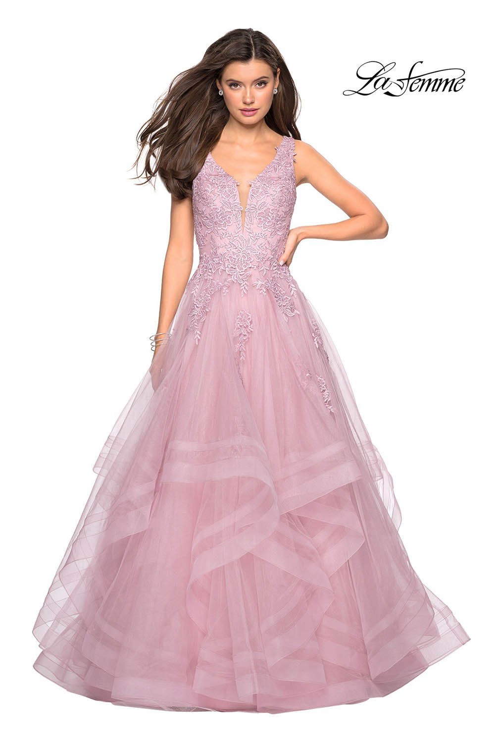 La Femme 27256 prom dress images.  La Femme 27256 is available in these colors: Light Blue, Mauve, Silver.