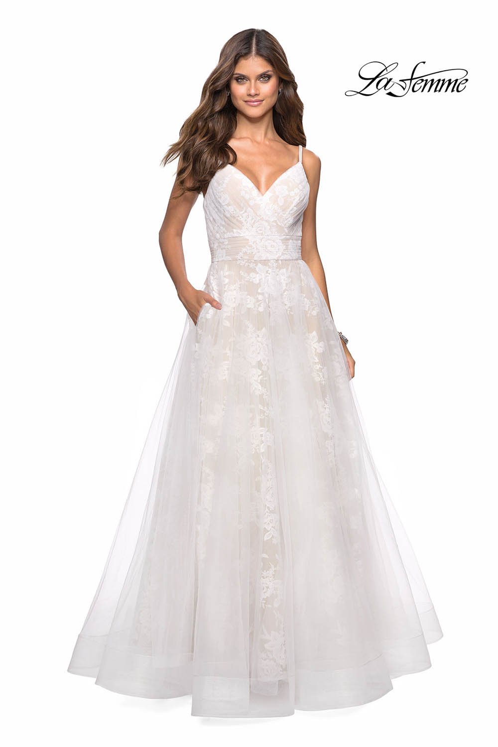 La Femme 27263 prom dress images.  La Femme 27263 is available in these colors: White Nude.