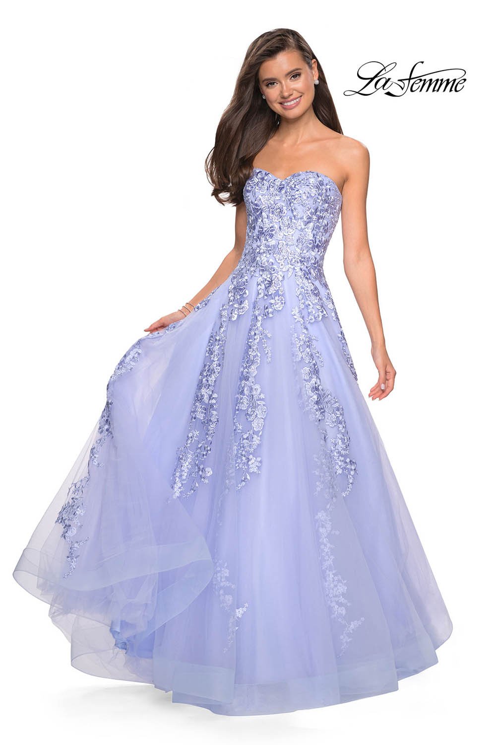 La Femme 27269 prom dress images.  La Femme 27269 is available in these colors: Ivory Nude, Lilac Mist, Mauve, Navy, Red.