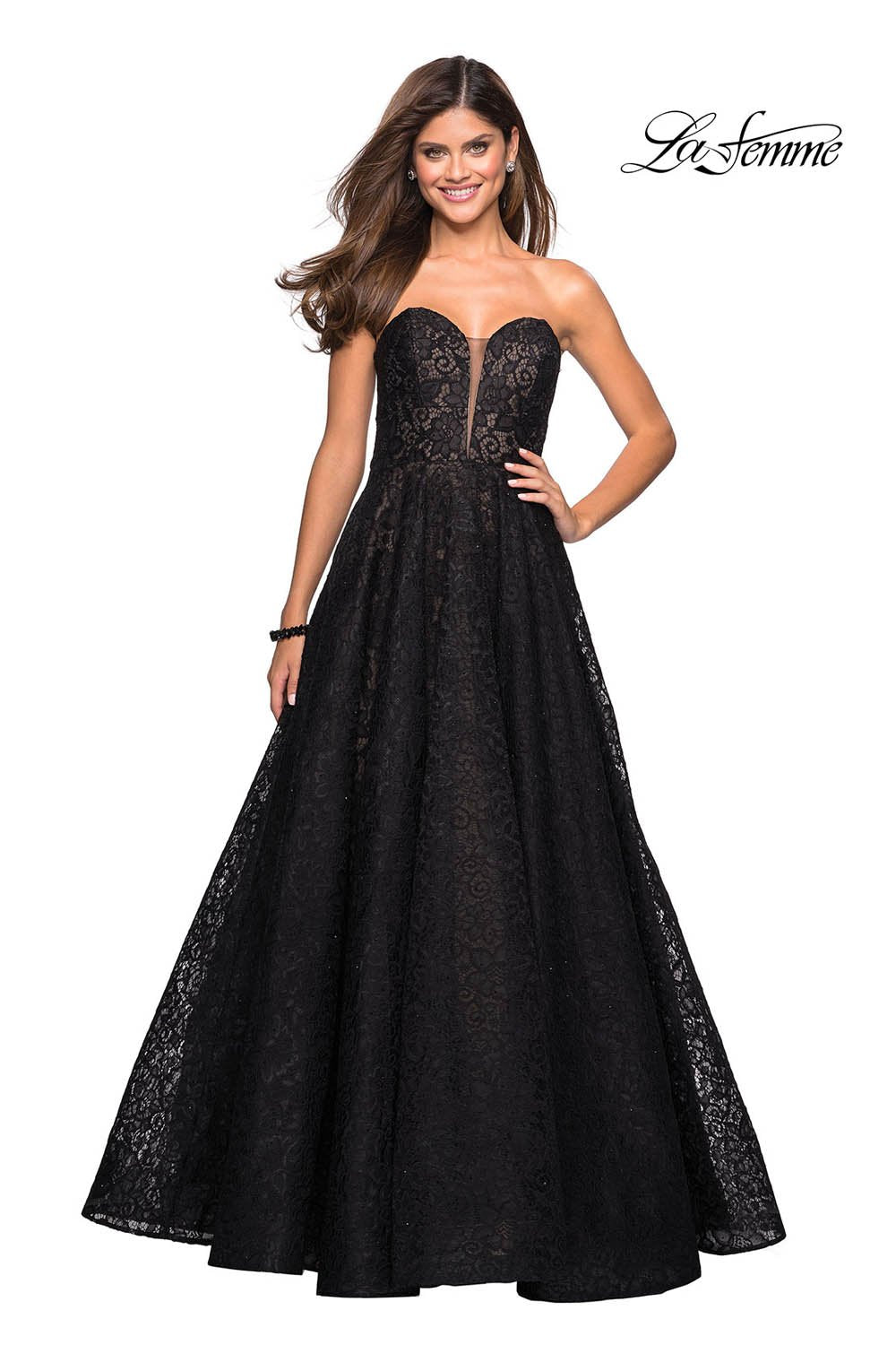 La Femme 27284 prom dress images.  La Femme 27284 is available in these colors: Black Nude, Cloud Blue, Dark Berry.