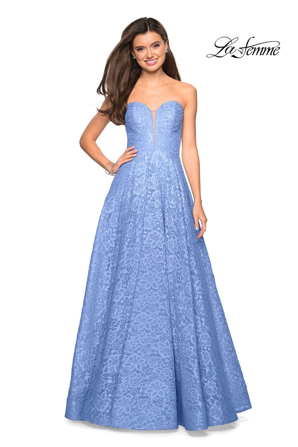 La Femme 27284 prom dress images.  La Femme 27284 is available in these colors: Black Nude, Cloud Blue, Dark Berry.