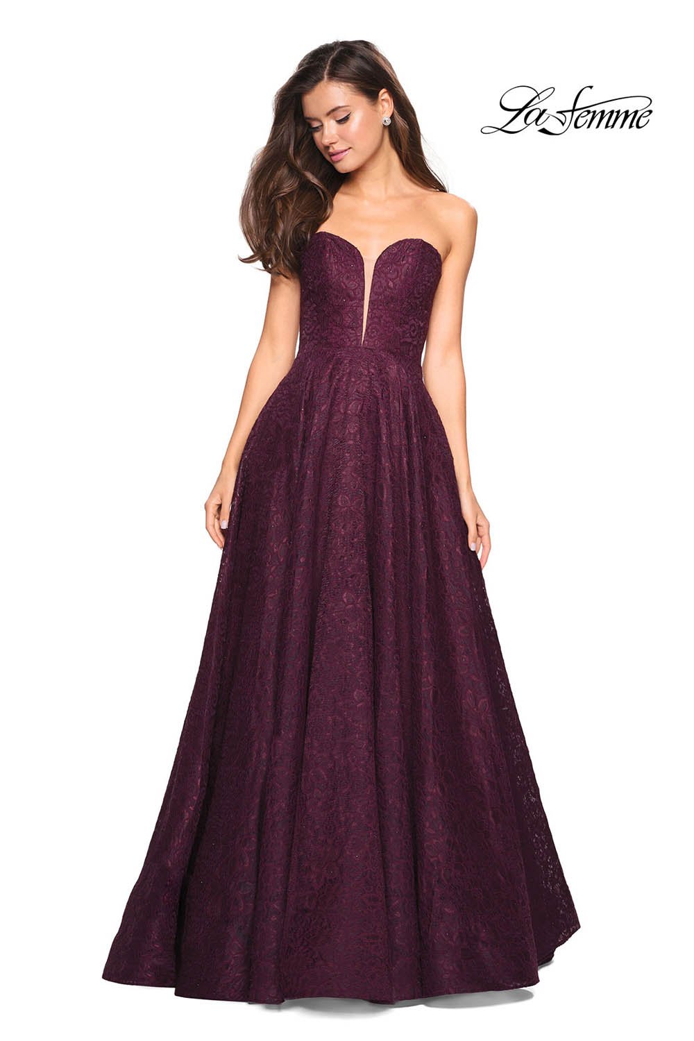 La Femme 27284 prom dress images.  La Femme 27284 is available in these colors: Black Nude, Cloud Blue, Dark Berry.