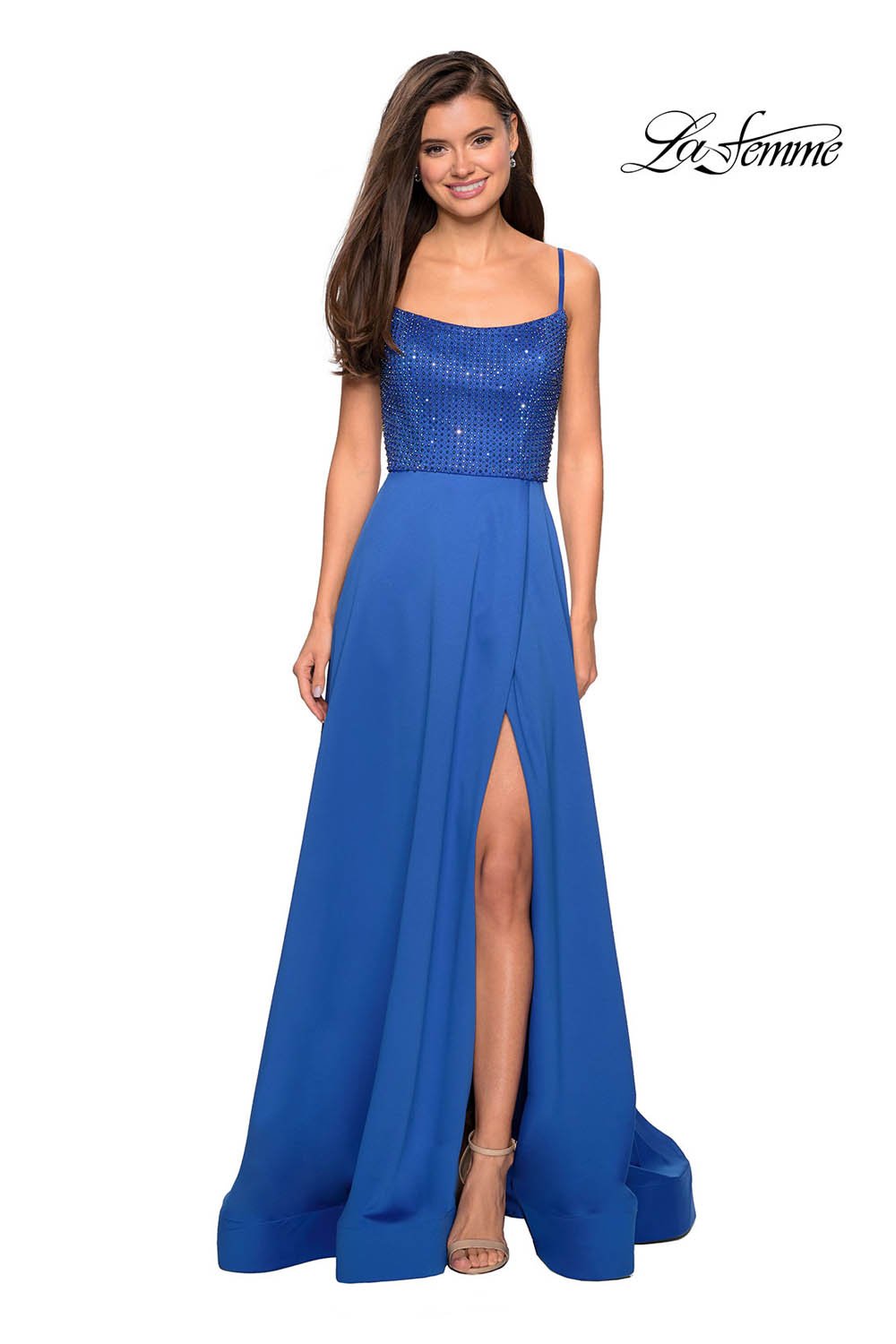 La Femme 27293 prom dress images.  La Femme 27293 is available in these colors: Champagne, Lavender, Royal Blue.