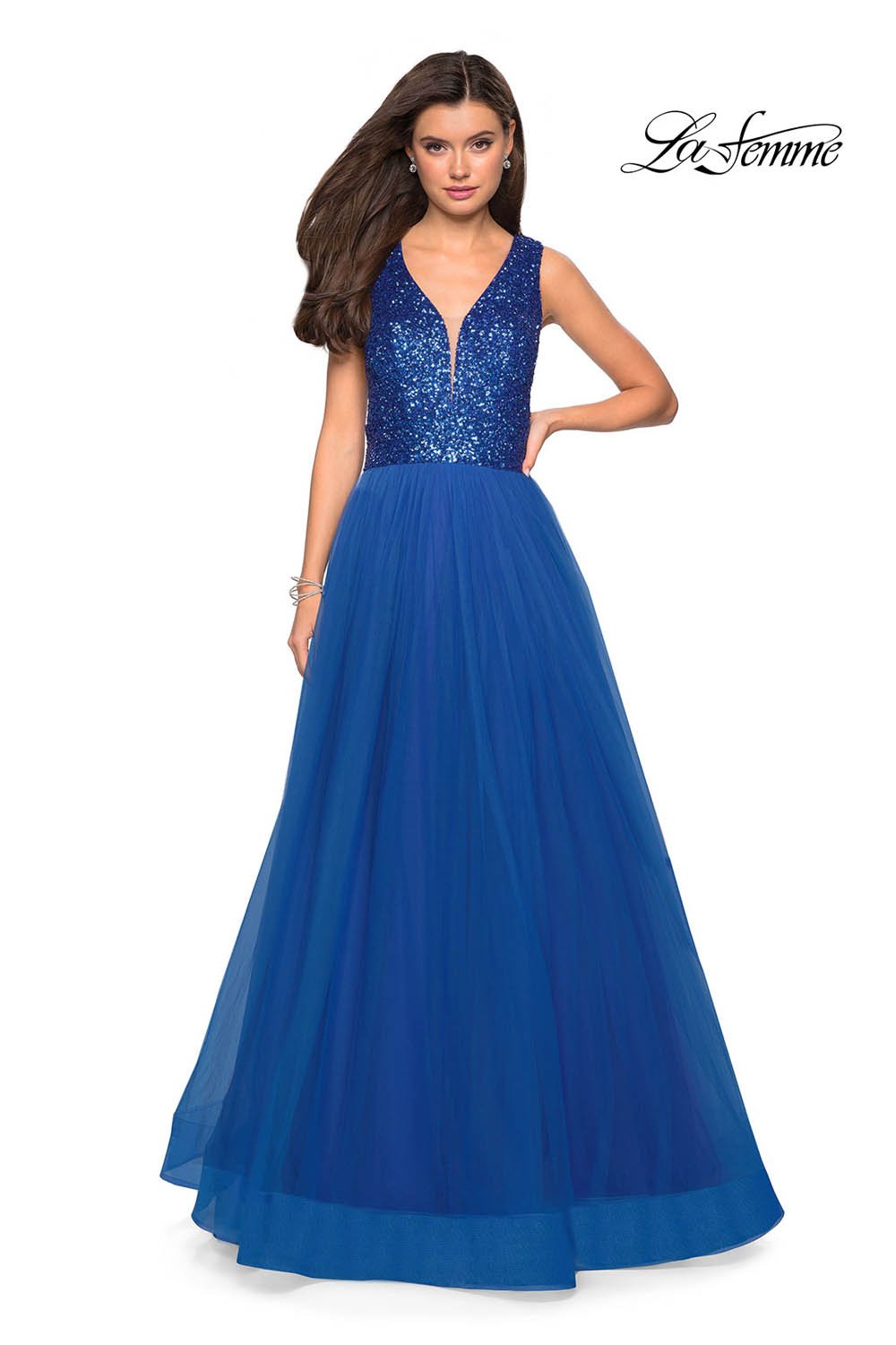 La Femme 27336 prom dress images.  La Femme 27336 is available in these colors: Black, Red, Royal Blue.