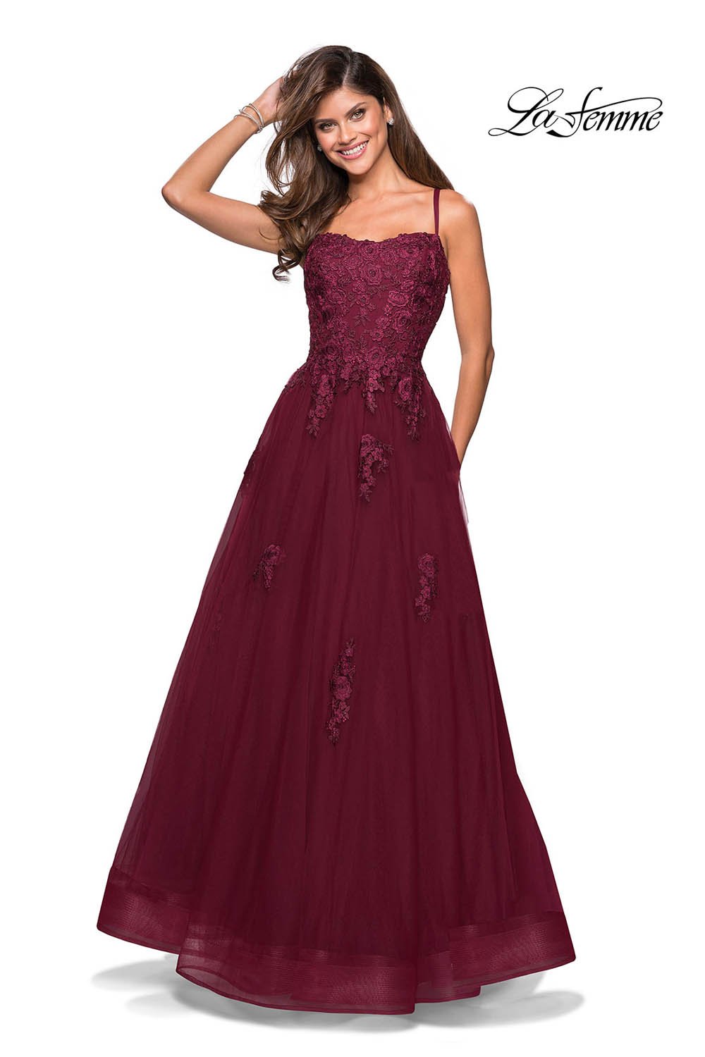 La Femme 27441 prom dress images.  La Femme 27441 is available in these colors: Burgundy, Navy, Pale Yellow, Silver.