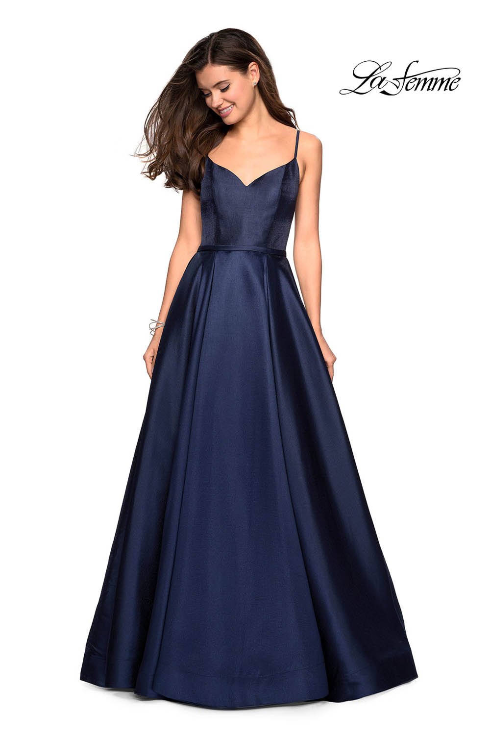 La Femme 27447 prom dress images.  La Femme 27447 is available in these colors: Navy, Red.