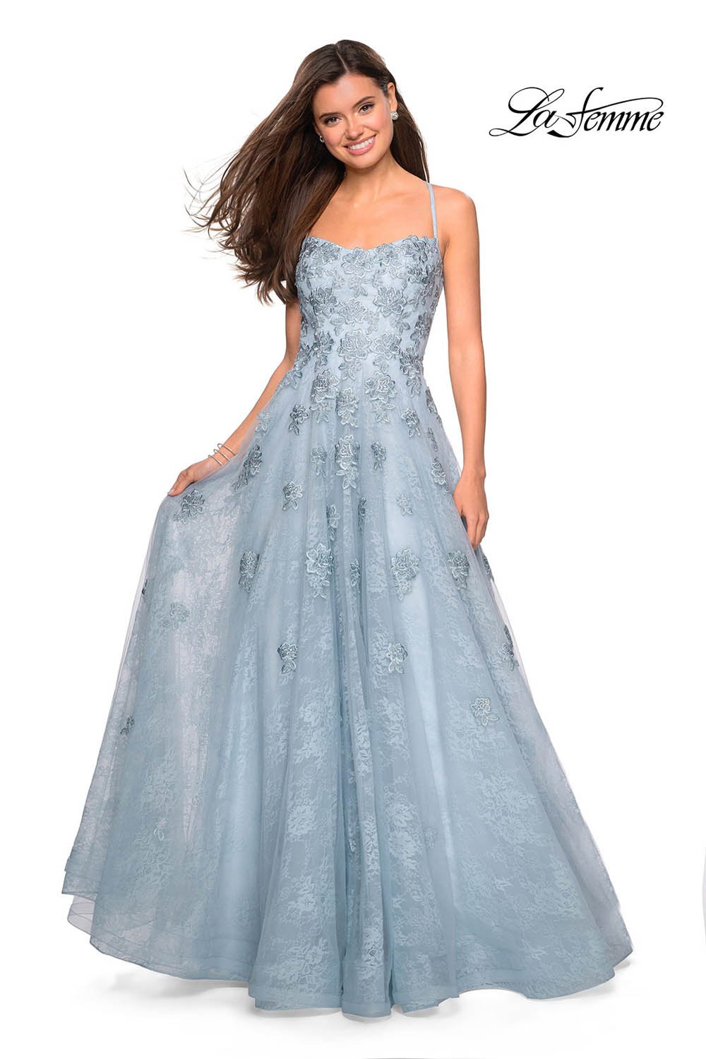 La Femme 27448 prom dress images.  La Femme 27448 is available in these colors: Steel Blue, White.